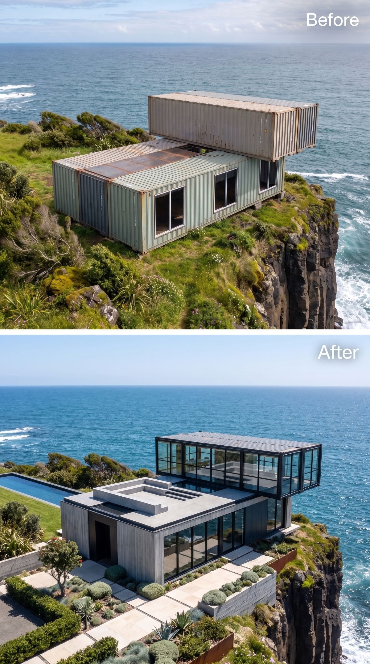 Weathered shipping containers transformed into a concrete and glass cliff house with rooftop pool