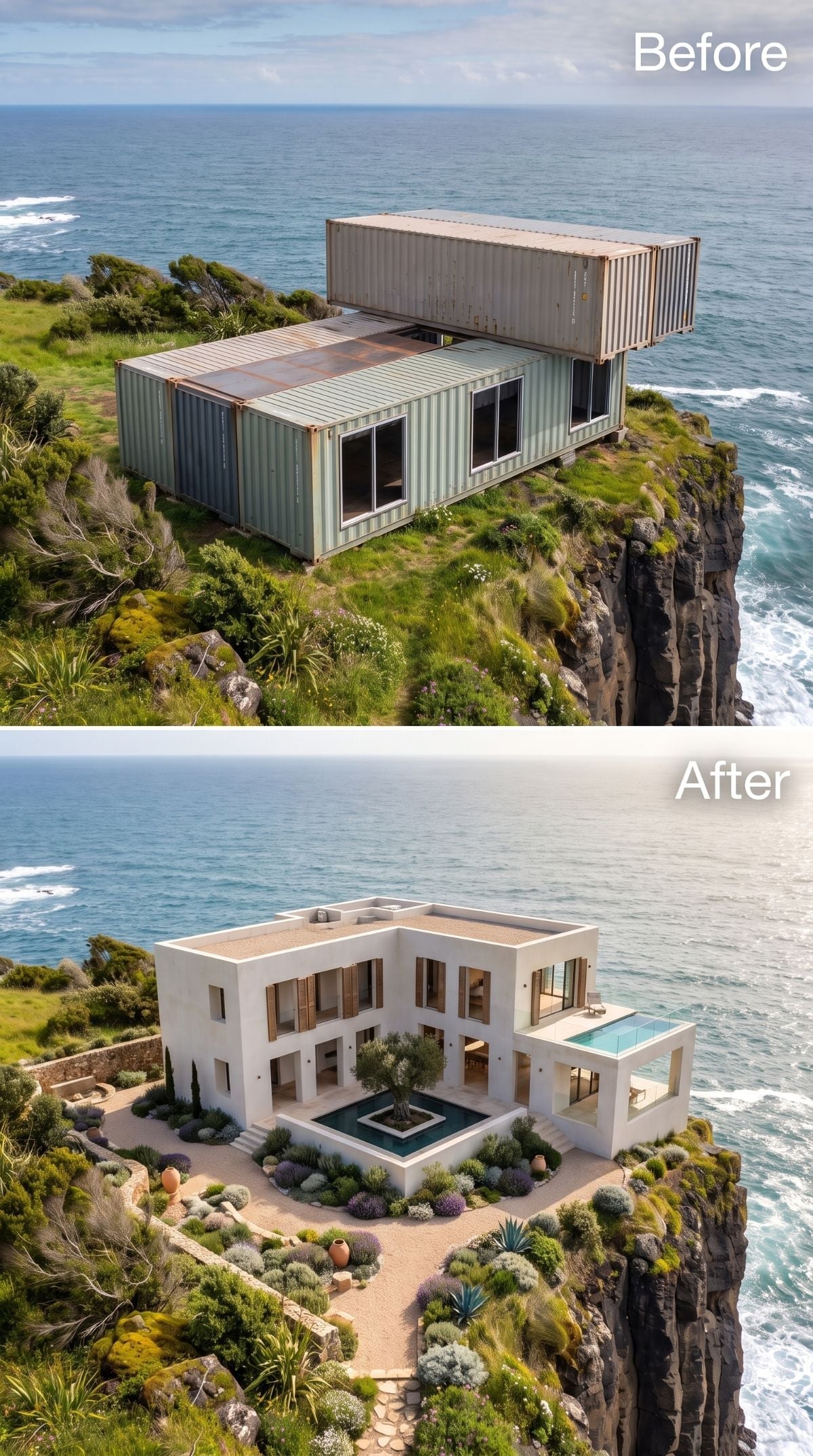 White Mediterranean-style cliff villa with courtyard, olive tree, reflecting pool, lavender, agave, and infinity pool