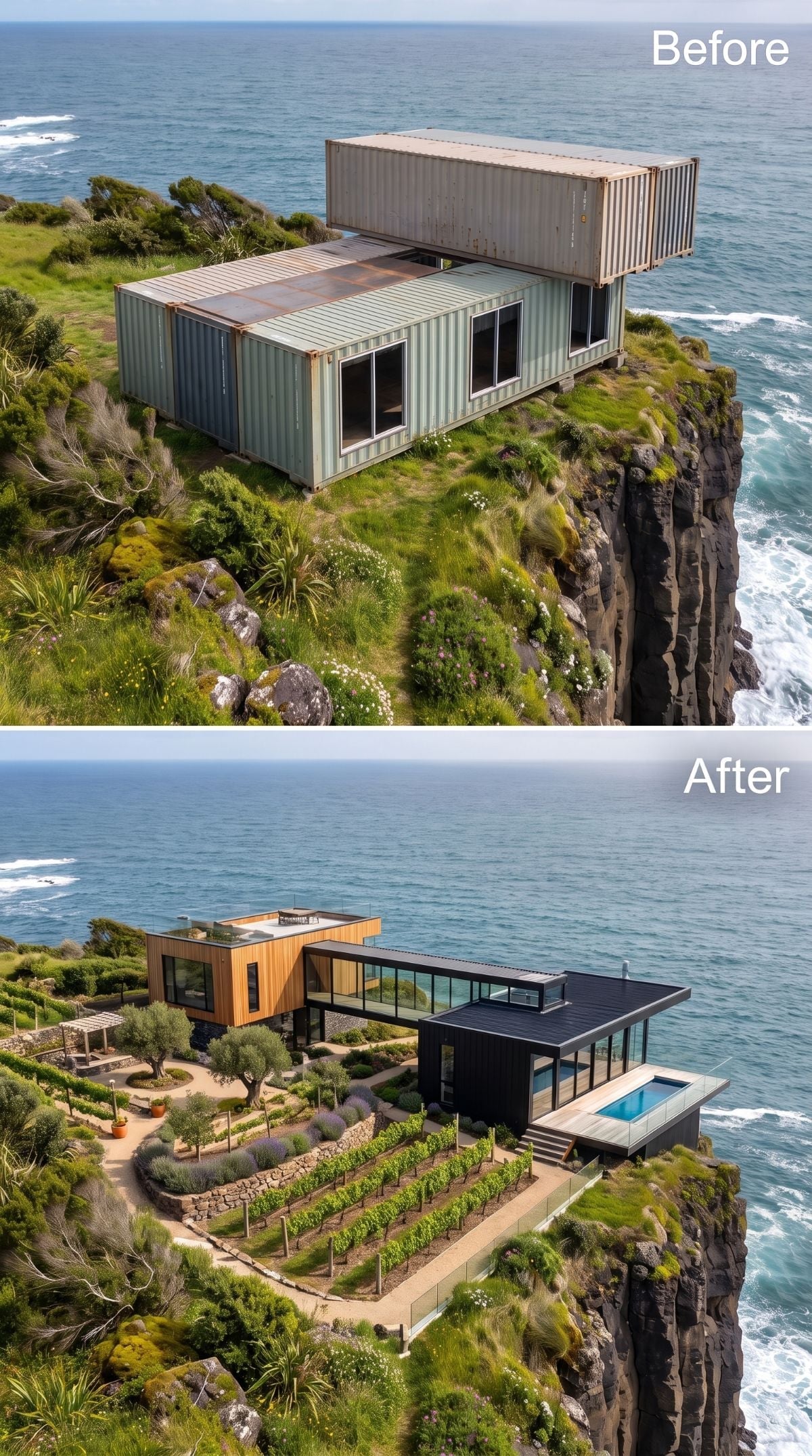 Timber and glass cliff residence with terraced vine-like planting, olive trees, dry-stone walls, and lap pool