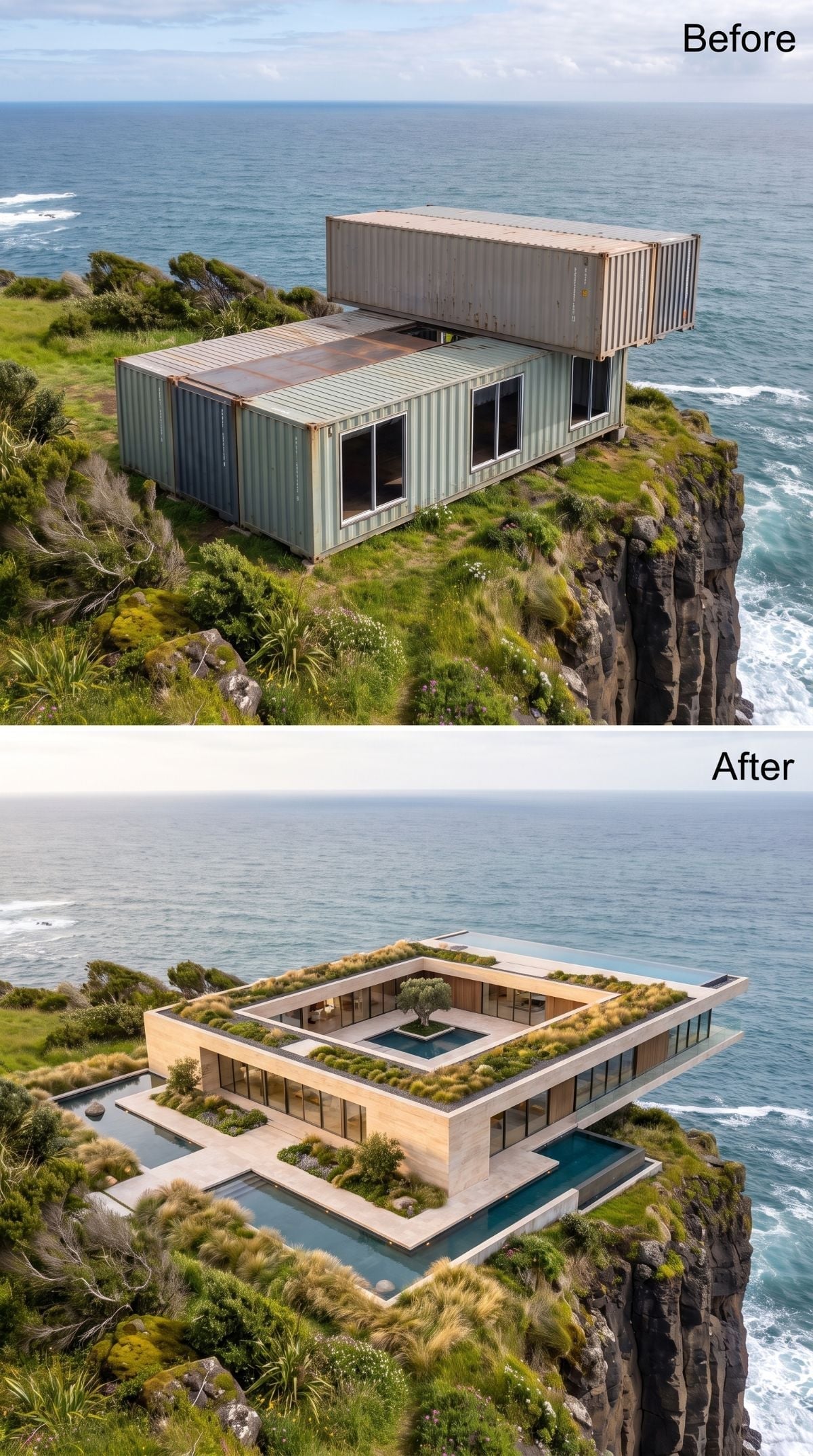 Warm stone-look cliff house with central courtyard pool, ornamental grasses, specimen tree, water channels, green roof, and glass walls