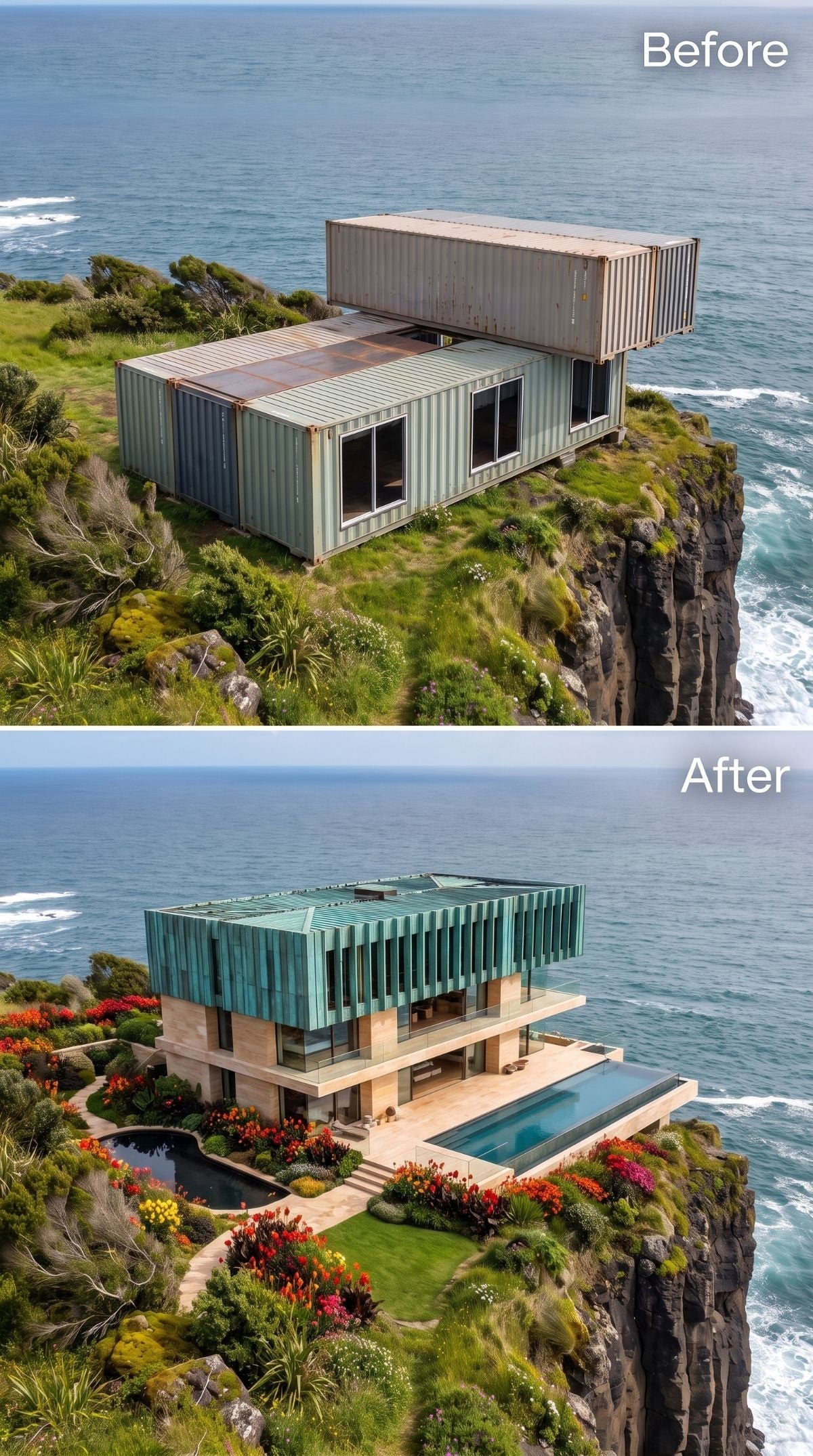 Cliff house with verdigris-toned vertical fins, full-height glass, projecting pool, colorful terraced planting, and stone path
