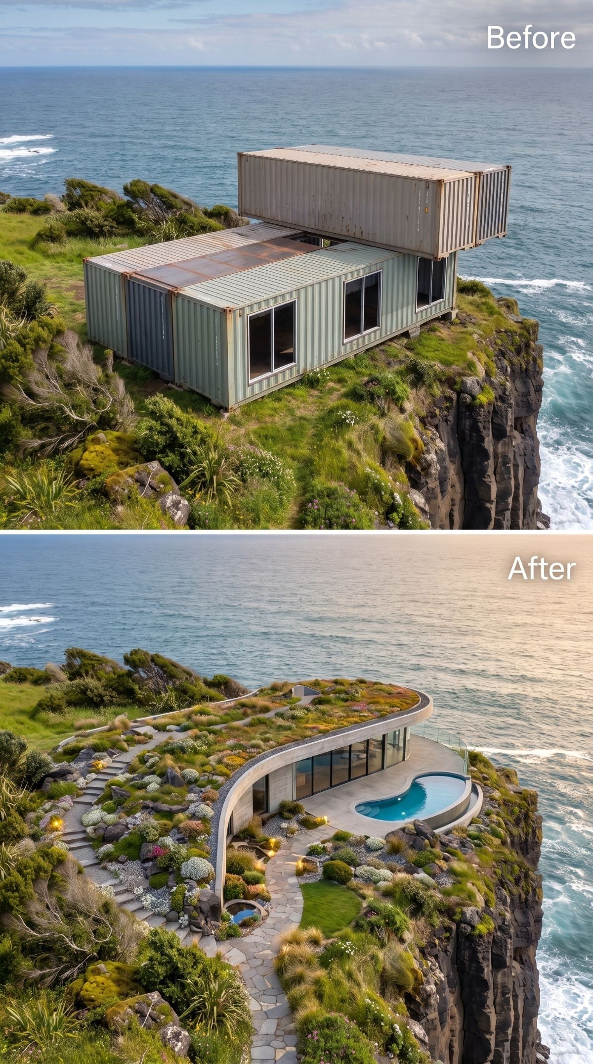 Curved concrete cliff house with living roof, coastal planting, stone paths, glass walls, and infinity pool