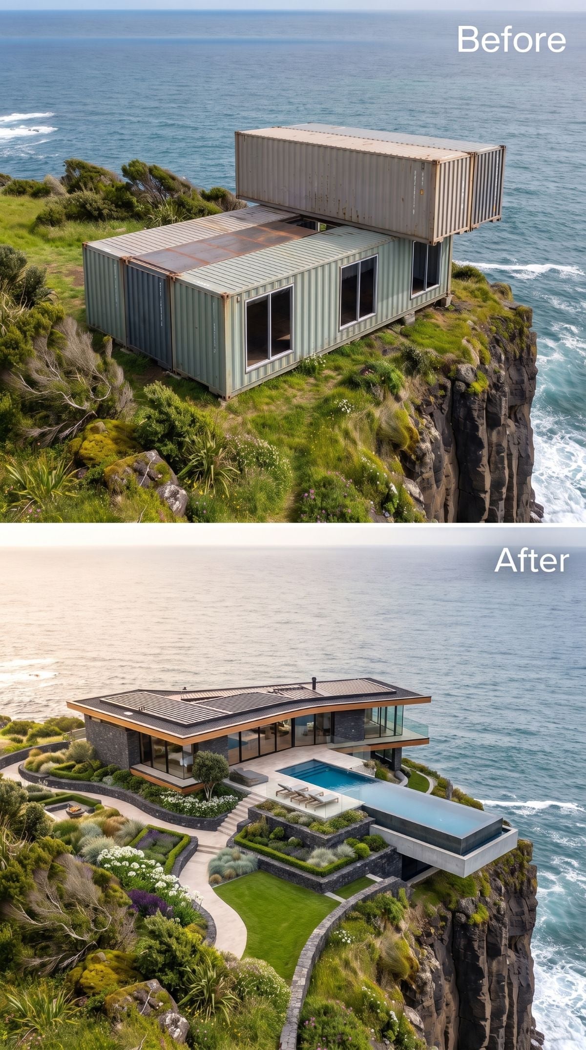 Dark stone cliff house with rooftop solar panels, glass walls, infinity pool, hedges, and coastal landscaping