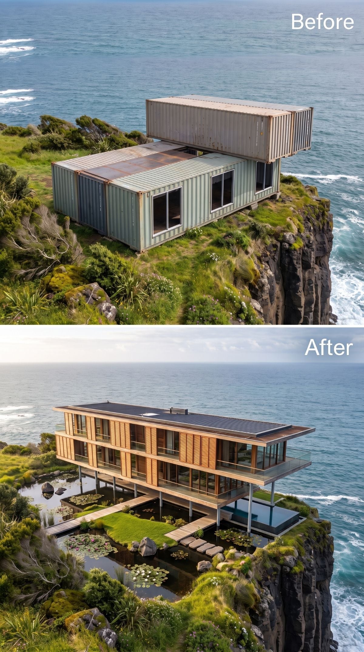 Louvered timber cliff house raised on steel columns above lily ponds, stepping stones, grass panels, and infinity edge