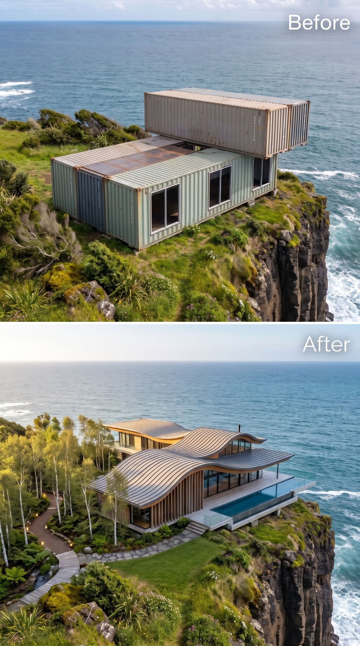 Cliff house with flowing metal rooflines, vertical timber facade, birch trees, glass railings, and pool