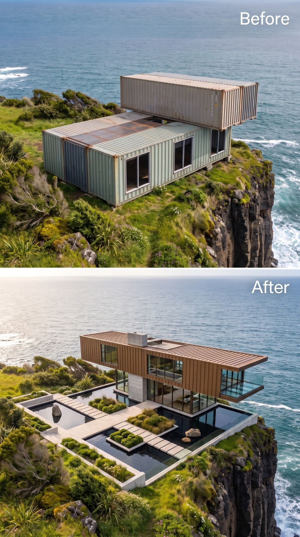 Warm timber cliff house with glass balcony, geometric water garden, stepping stones, and clipped shrubs
