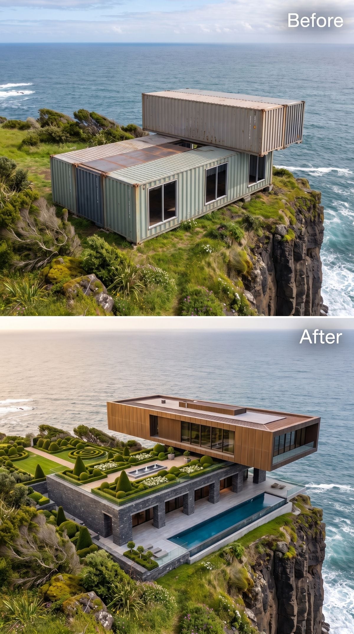 Timber and dark stone cliff house with formal rooftop parterre, topiary, lap pool, and ocean view