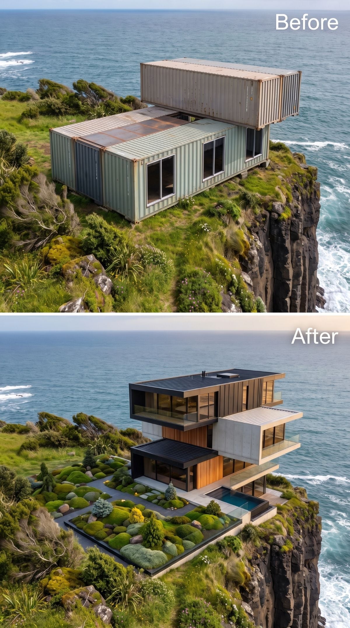 Wood and concrete cliff house with cantilevered glass upper floor, plunge pool, rounded topiary, skylight, and gray paving