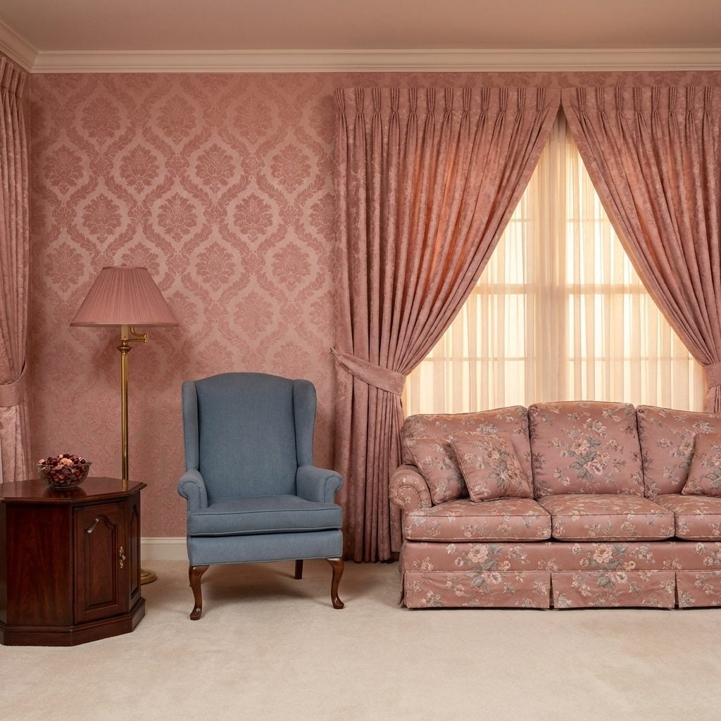 Pinch-Pleat Drapes and Damask Wallpaper Were a Coordinated Commitment, Full Stop