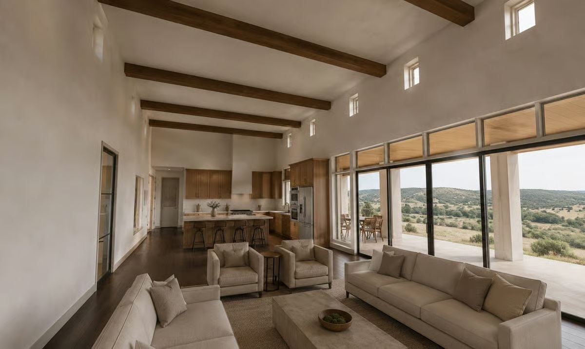 Exposed Beams and Open Country Views Make This Great Room Hard to Leave