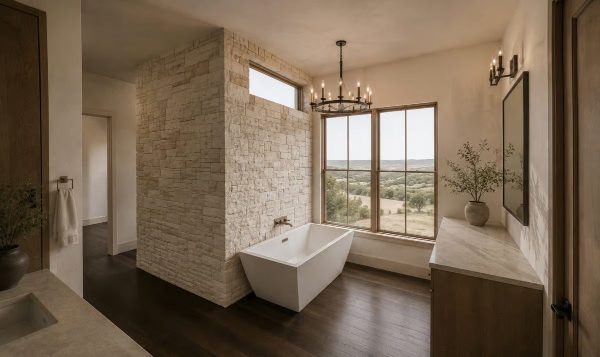 Freestanding Tub Against Raw Stone Makes Every Other Bathroom Feel Ordinary