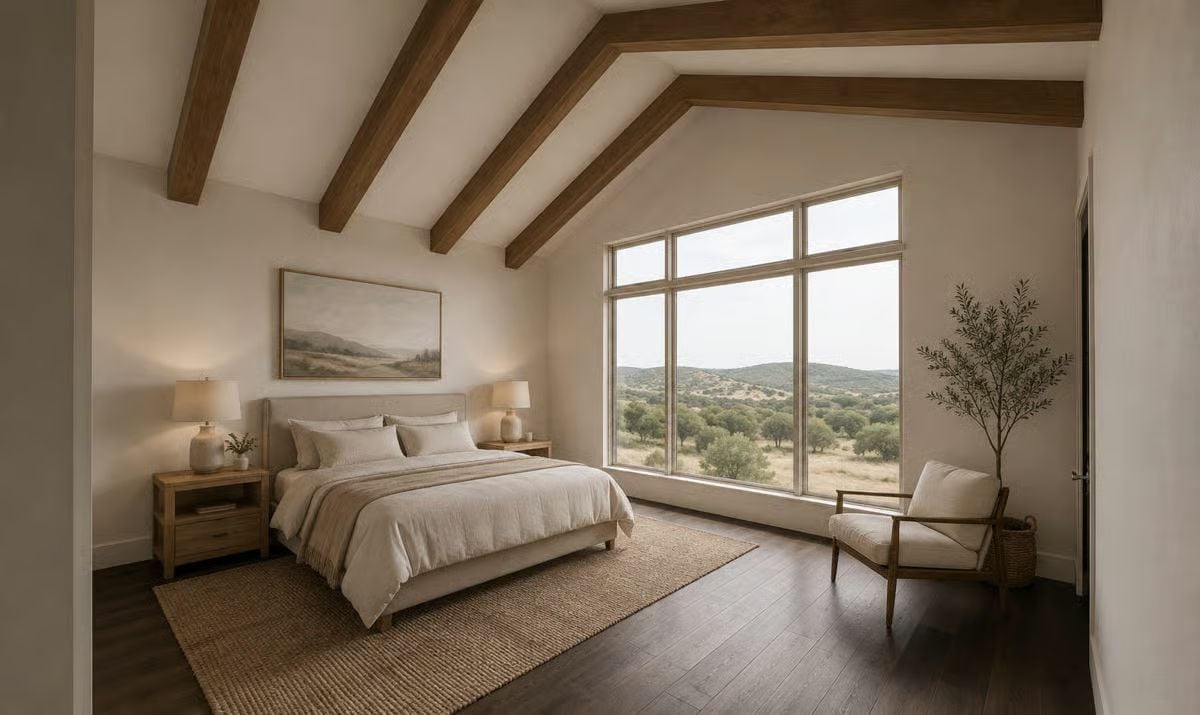 Vaulted Beams and Hill Country Views You Won't Want to Shade With Curtains