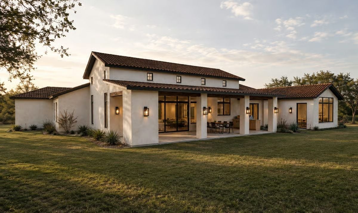 Warm Light Spills Across White Stucco at Golden Hour