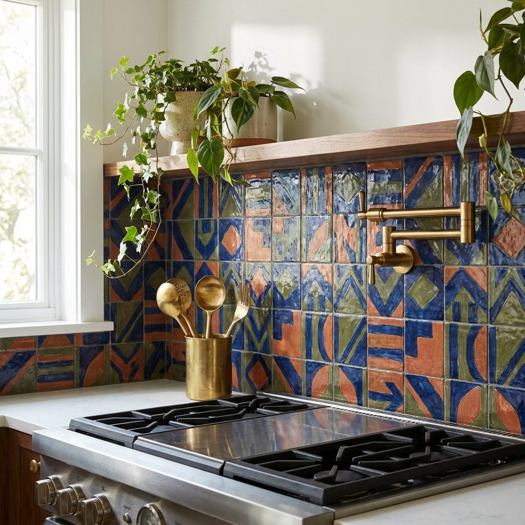 Patterned tile backsplash in a colorful kitchen