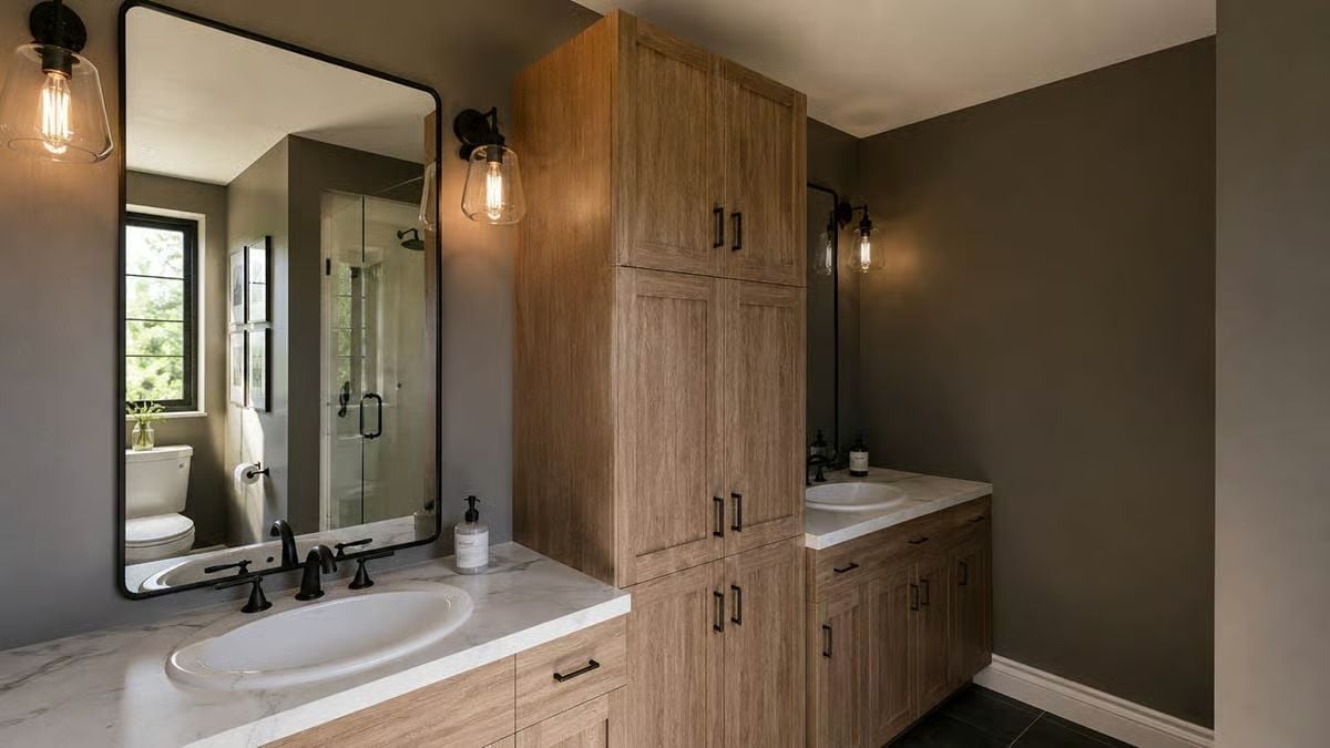 Black Hardware and Edison Sconces Doing Heavy Lifting in a Wood-Cabinet Bathroom