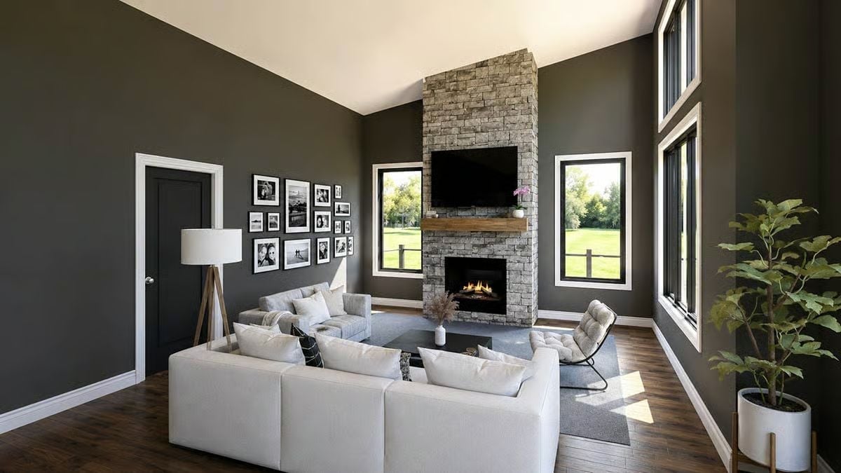 Stone Fireplace Tower That Earns Every Inch of Its Ceiling Height