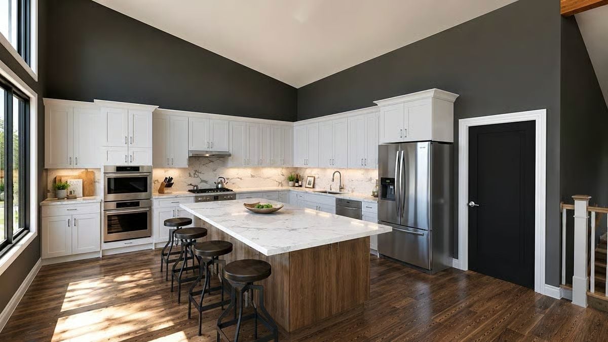 White Shaker Cabinets Get Serious With Dark Walls and a Wood-Base Island