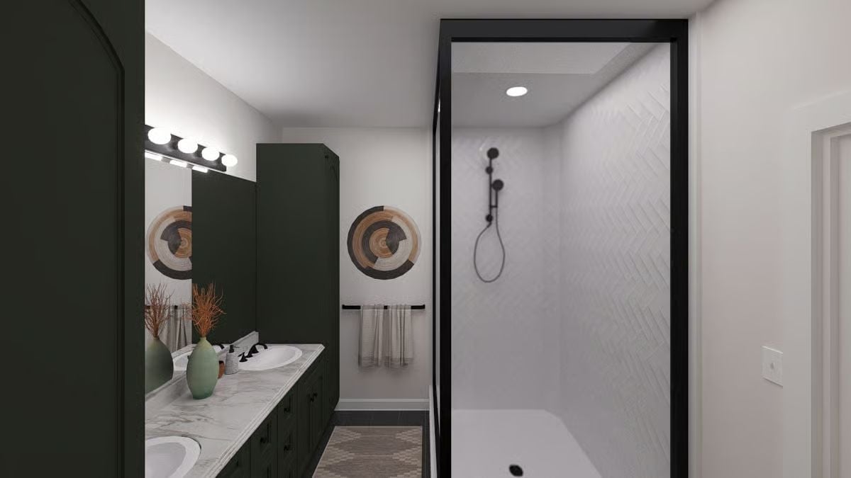 Herringbone Tile, Matte Black Fixtures, and Green Cabinets That Commit