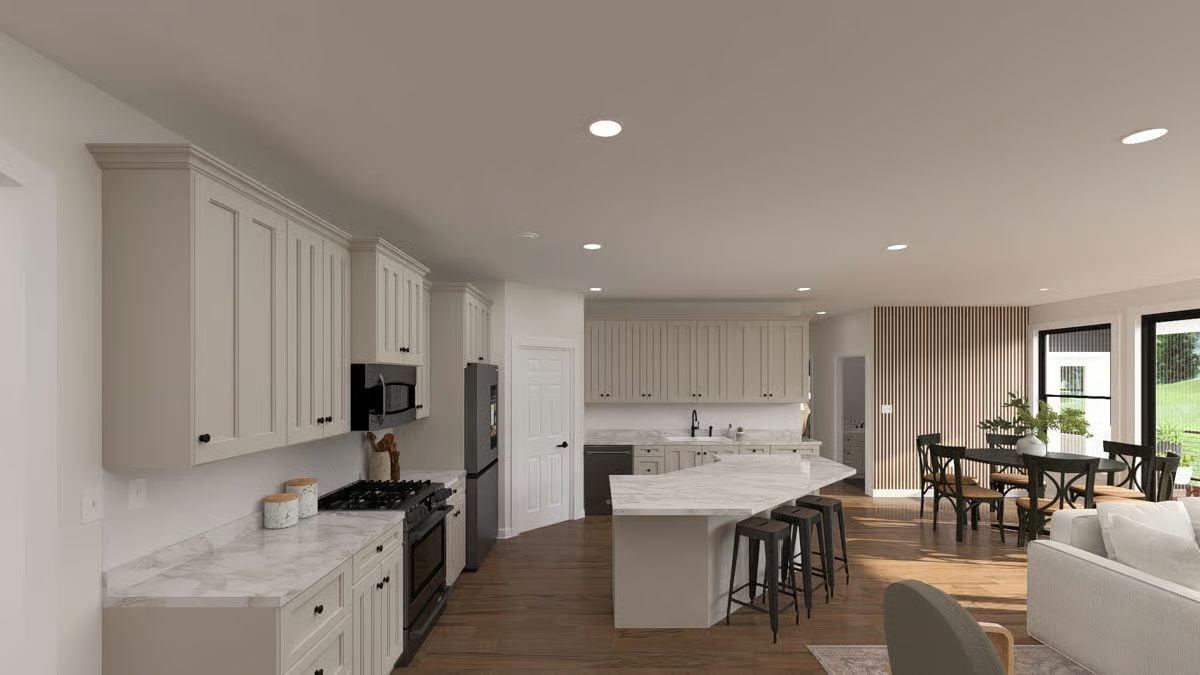Marble Island, Industrial Stools, and Cabinets That Go All the Way Up