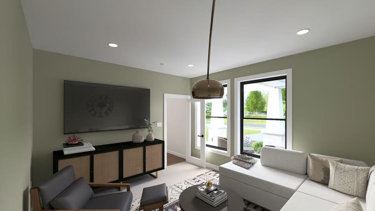Sage Walls, Rattan Doors, and a Pendant That Means Business