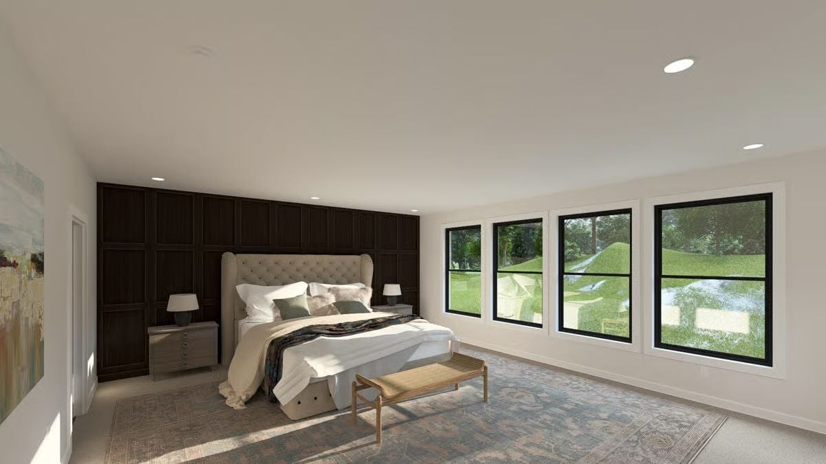 Tufted Headboard, Wood Paneling, and Windows That Do the Heavy Lifting