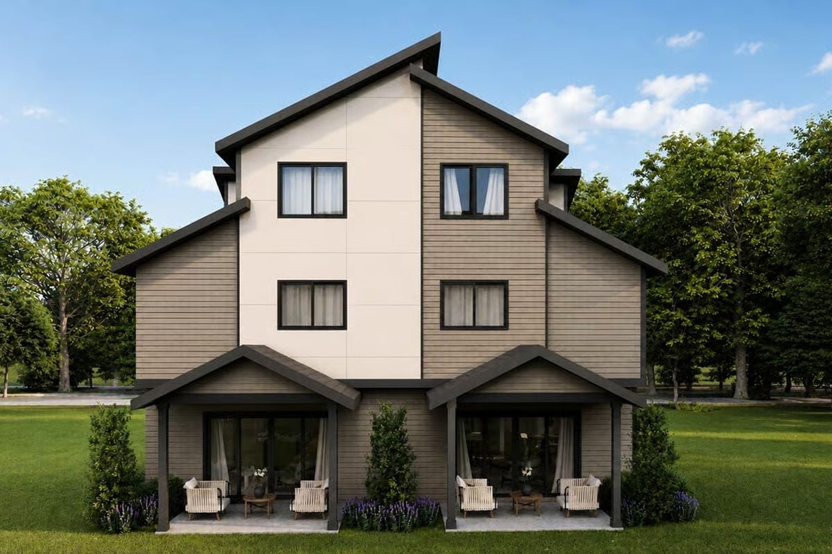 Covered Patios Do the Heavy Lifting on This Duplex's Rear Elevation