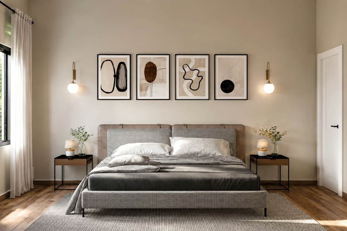 Houndstooth Upholstery and Four Framed Abstracts That Pull the Room Together