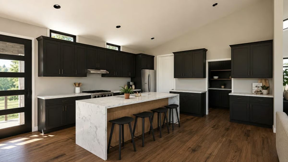 Marble Waterfall Edge, Warm Wood Panels, and Four Barstools That Mean Business