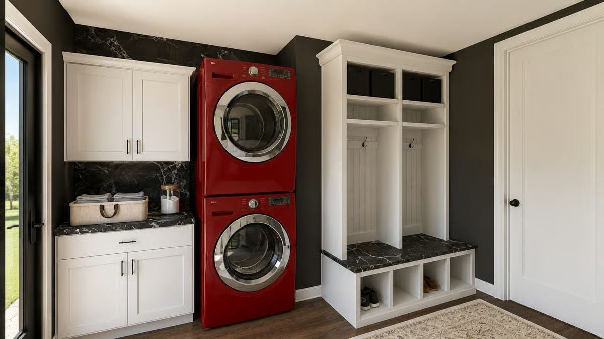 Red Appliances, Black Marble, and a Mudroom That Actually Does Its Job