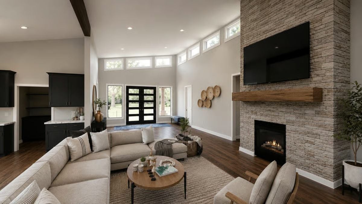 Stacked Stone, a Wood Mantel, and Ceilings Tall Enough to Change the Mood