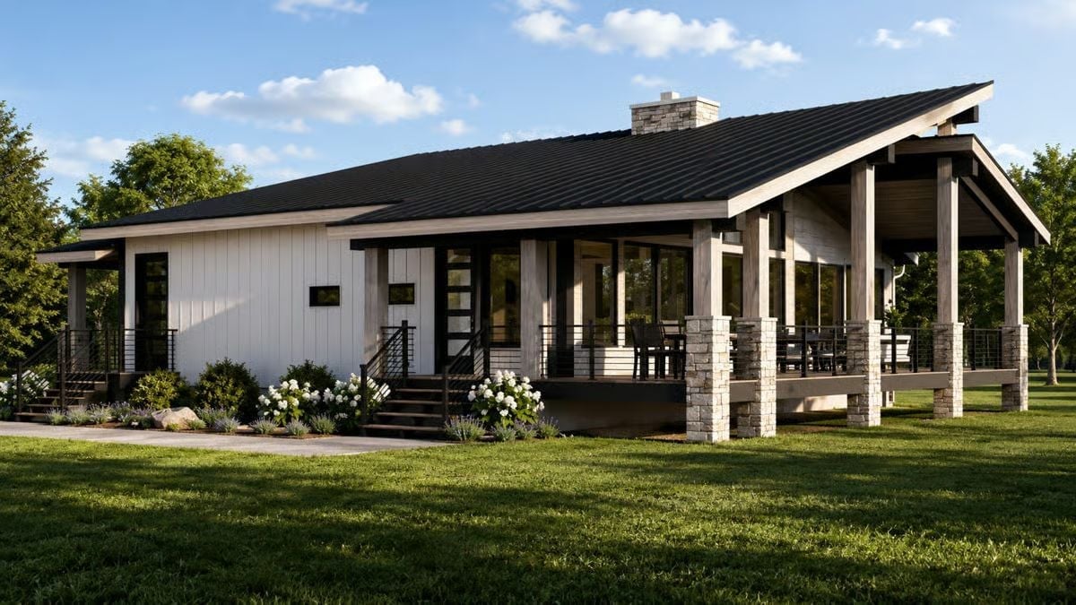 Stone Columns, Black Steel Rails, and a Covered Deck Built for Long Evenings