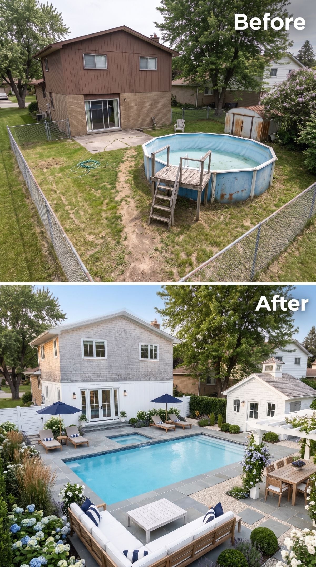 Blue Umbrellas, Bluestone Coping, and a Pool House Where the Shed Used to Rust