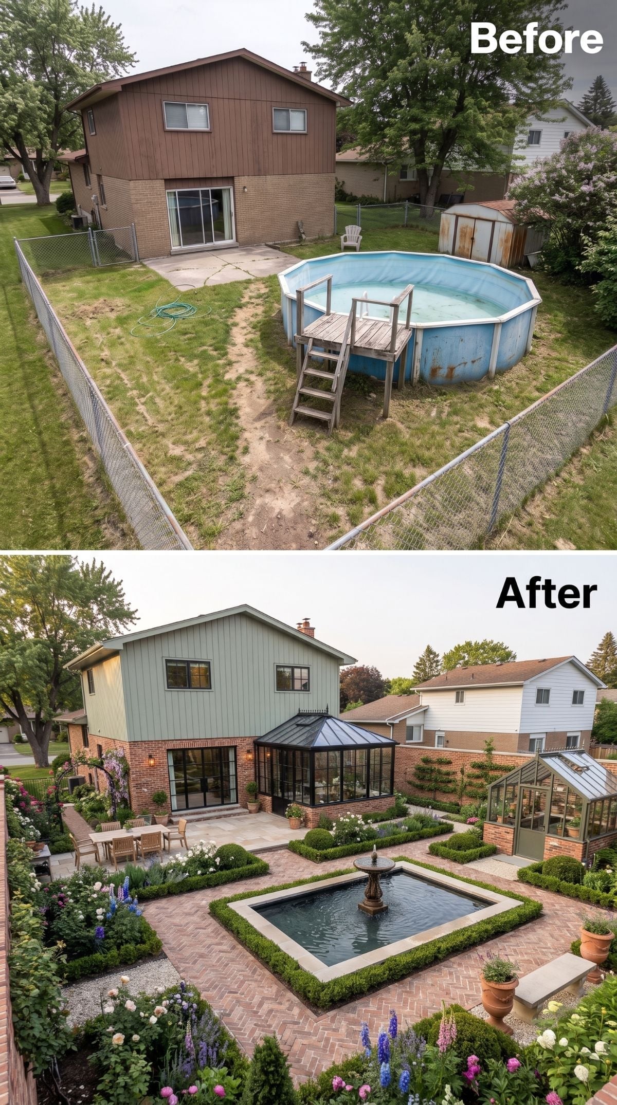 Boxwood Parterre, Brick Herringbone, and a Fountain Where the Pool Used to Rust