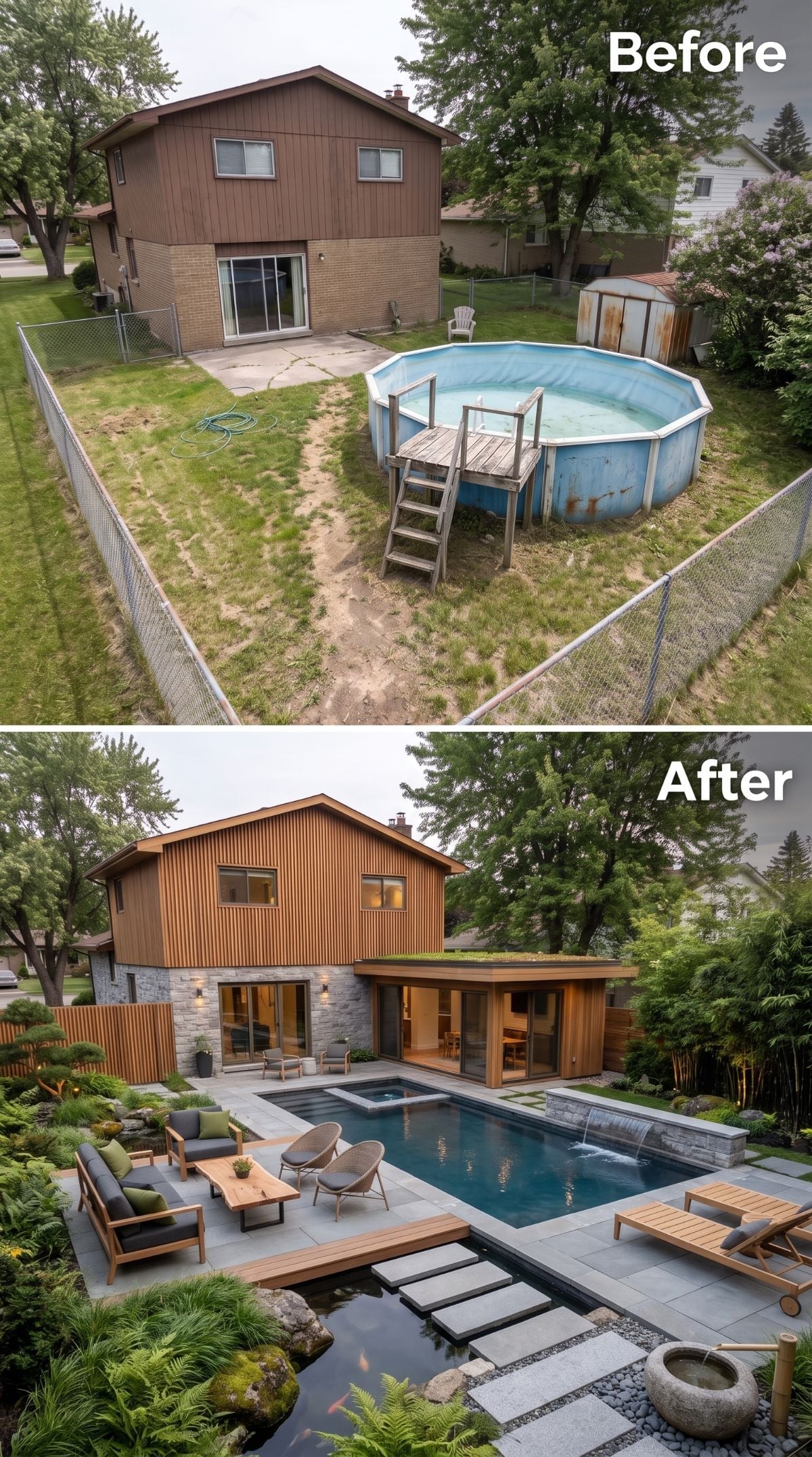 Cedar Cladding, a Koi Pond, and an Inground Pool Where Rust Once Ruled