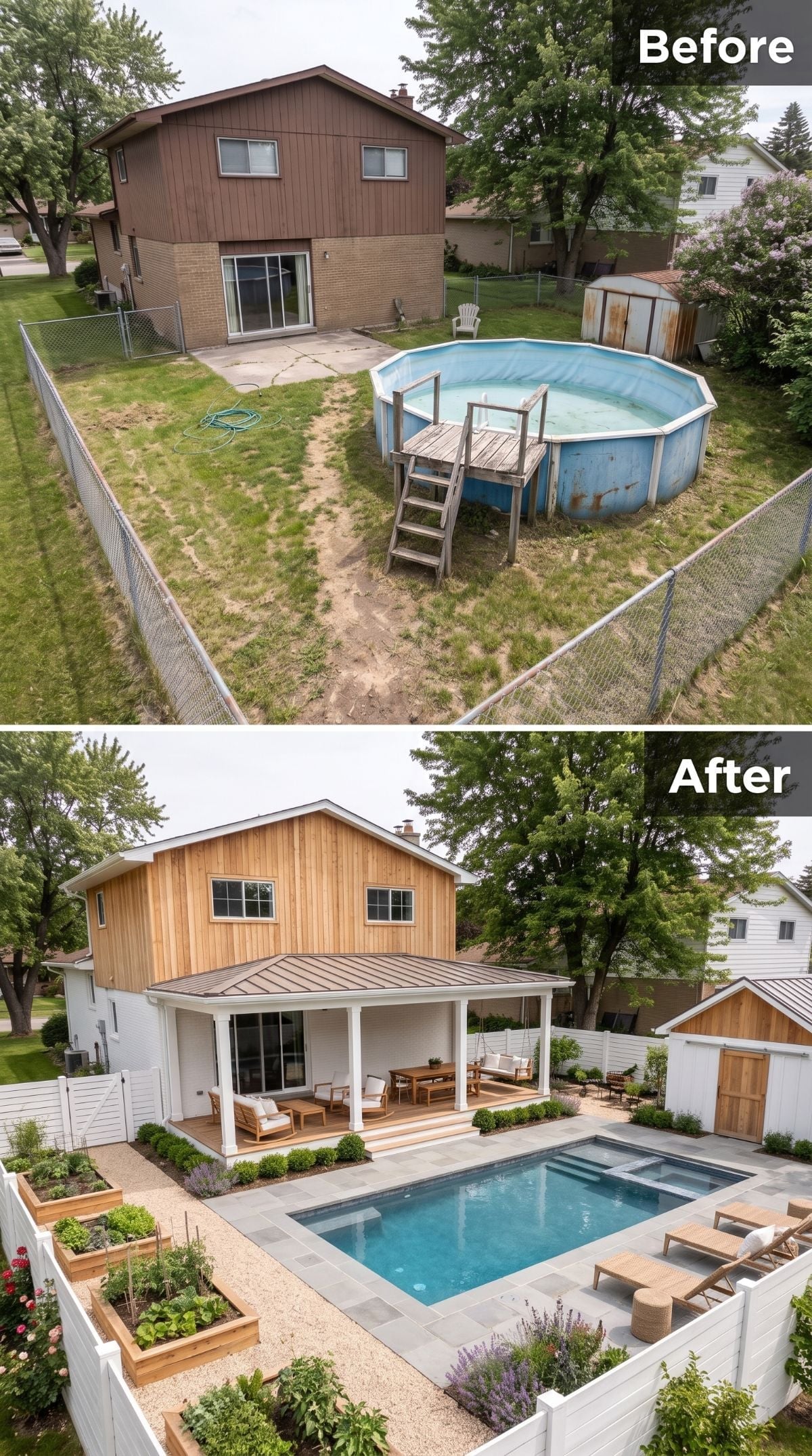 Cedar Siding, a Rectangular Pool, and Raised Garden Beds Where the Eyesore Used to Be