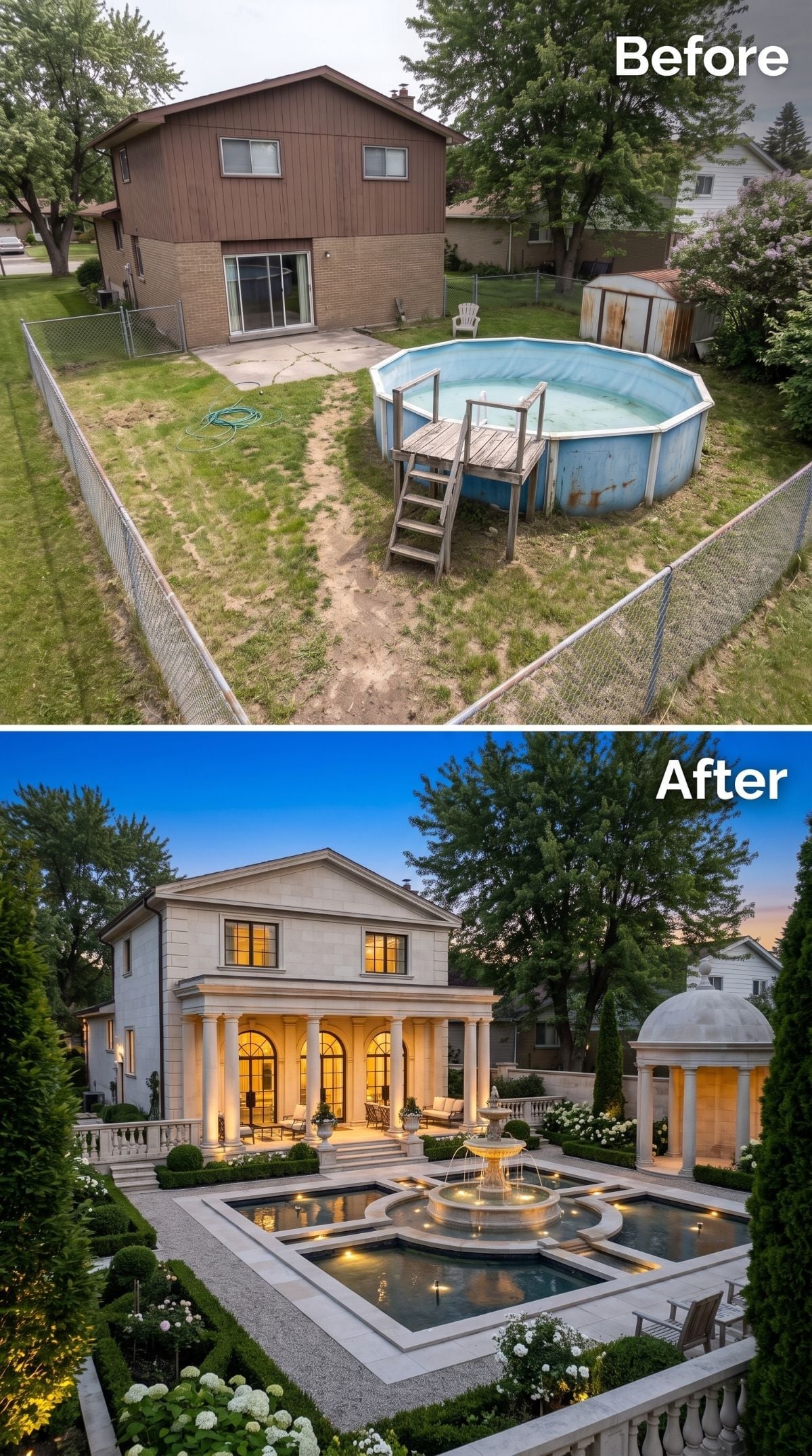 Classical Columns, a Fountain Courtyard, and Formal Gardens Where Patchy Grass Once Died