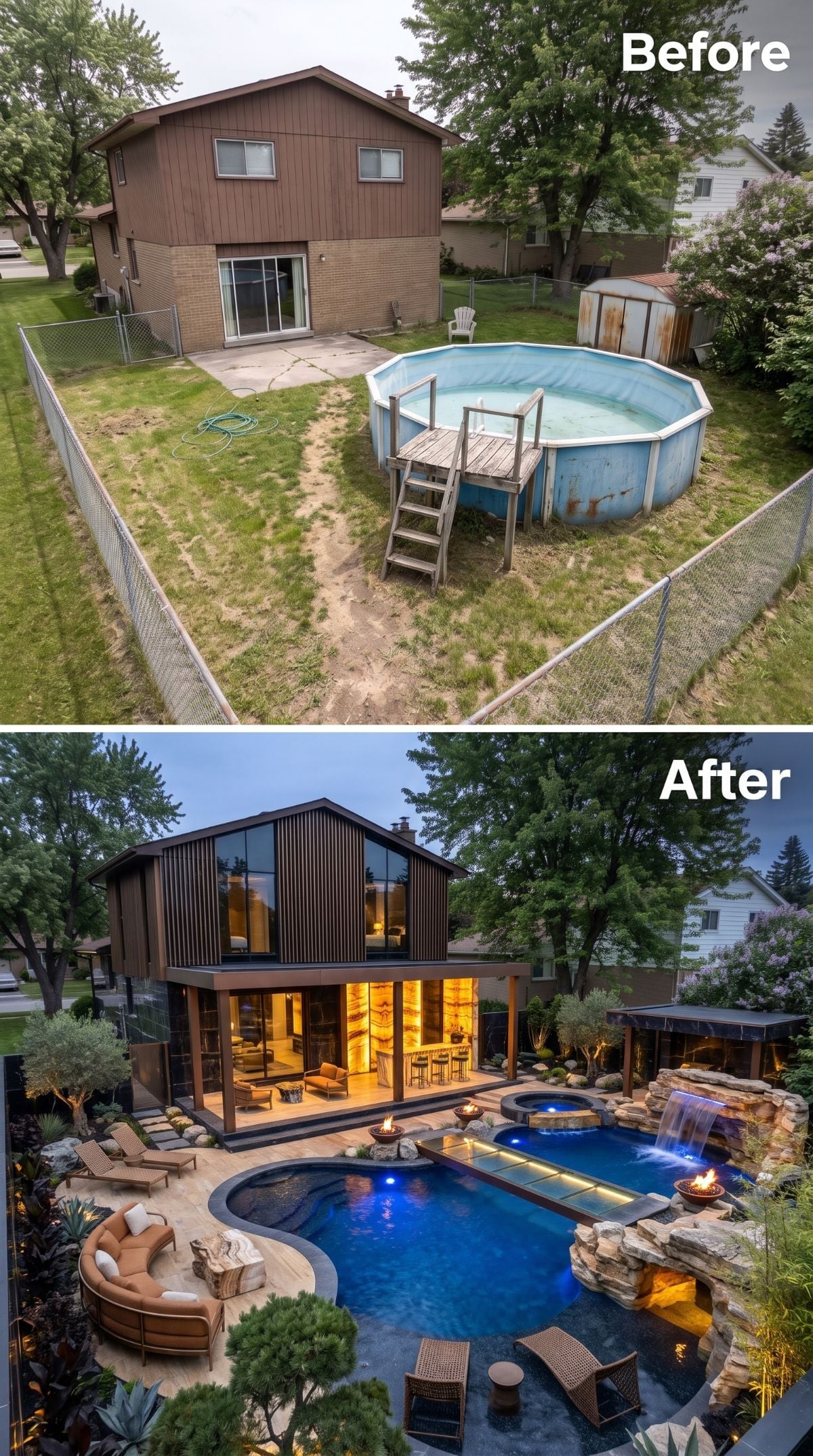Fluted Dark Cladding, a Rock Grotto Waterfall, and an Inground Pool That Ended the Above-Ground Era