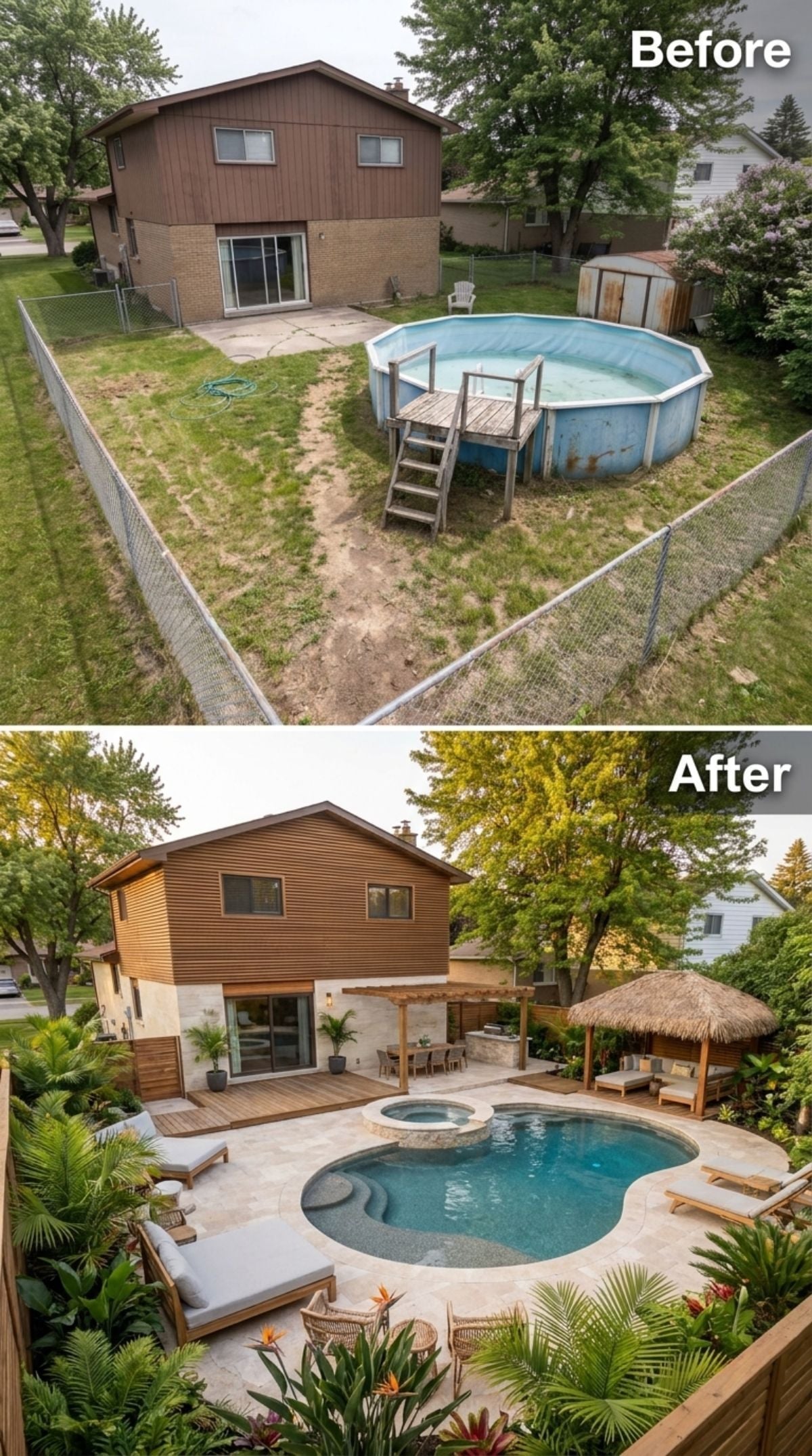 Freeform Inground Pool, Tiki Palapa, and Travertine Decking Replace a Rust-Streaked Eyesore