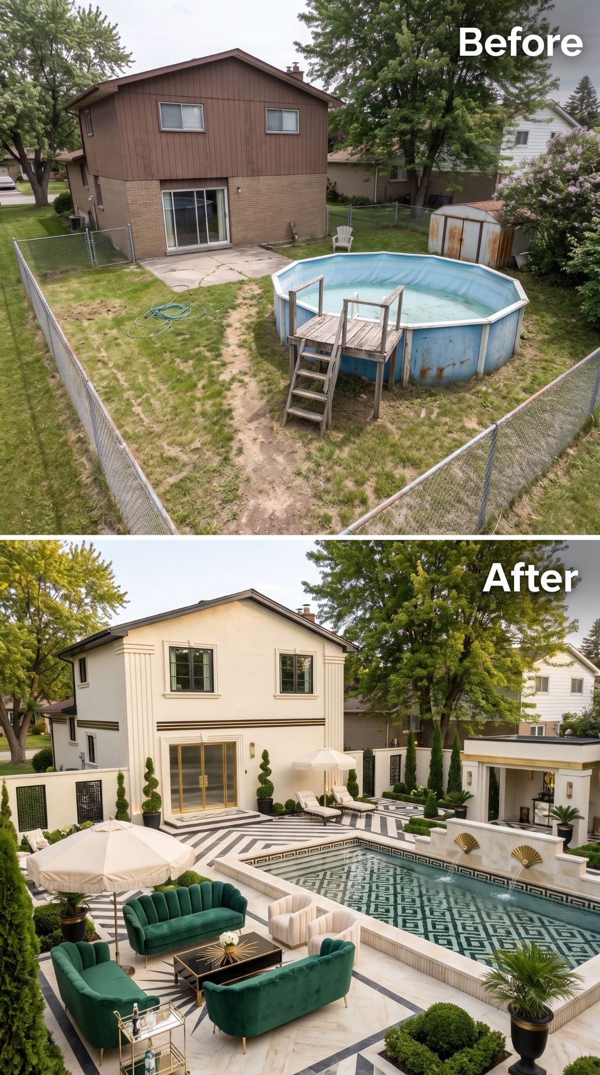 Greek Key Tile, Velvet Sofas, and an Inground Pool Where a Rusty Drum Used to Sit