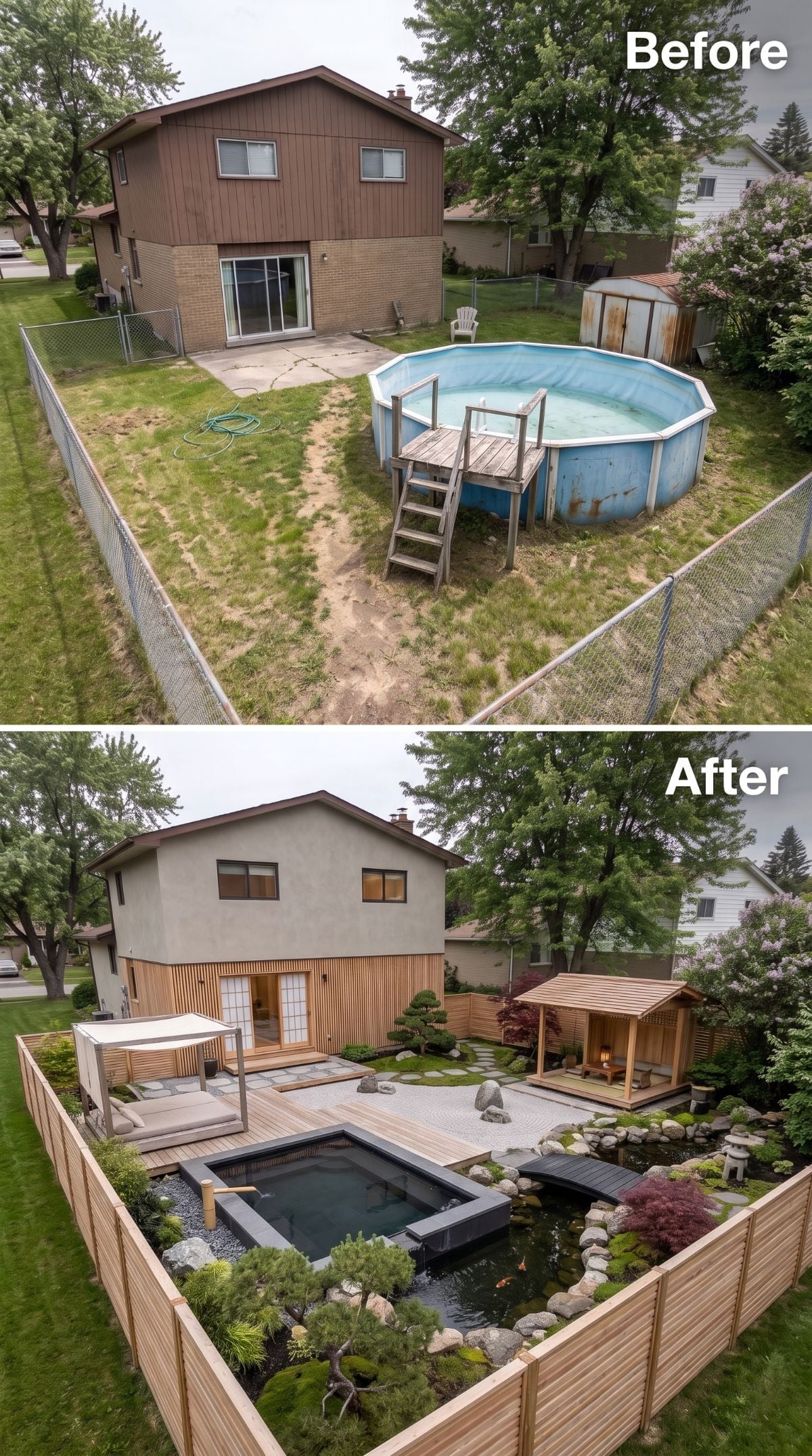 Koi Pond, Cedar Fence, Cedar Deck — One Backyard's Answer to a Rusted-Out Pool