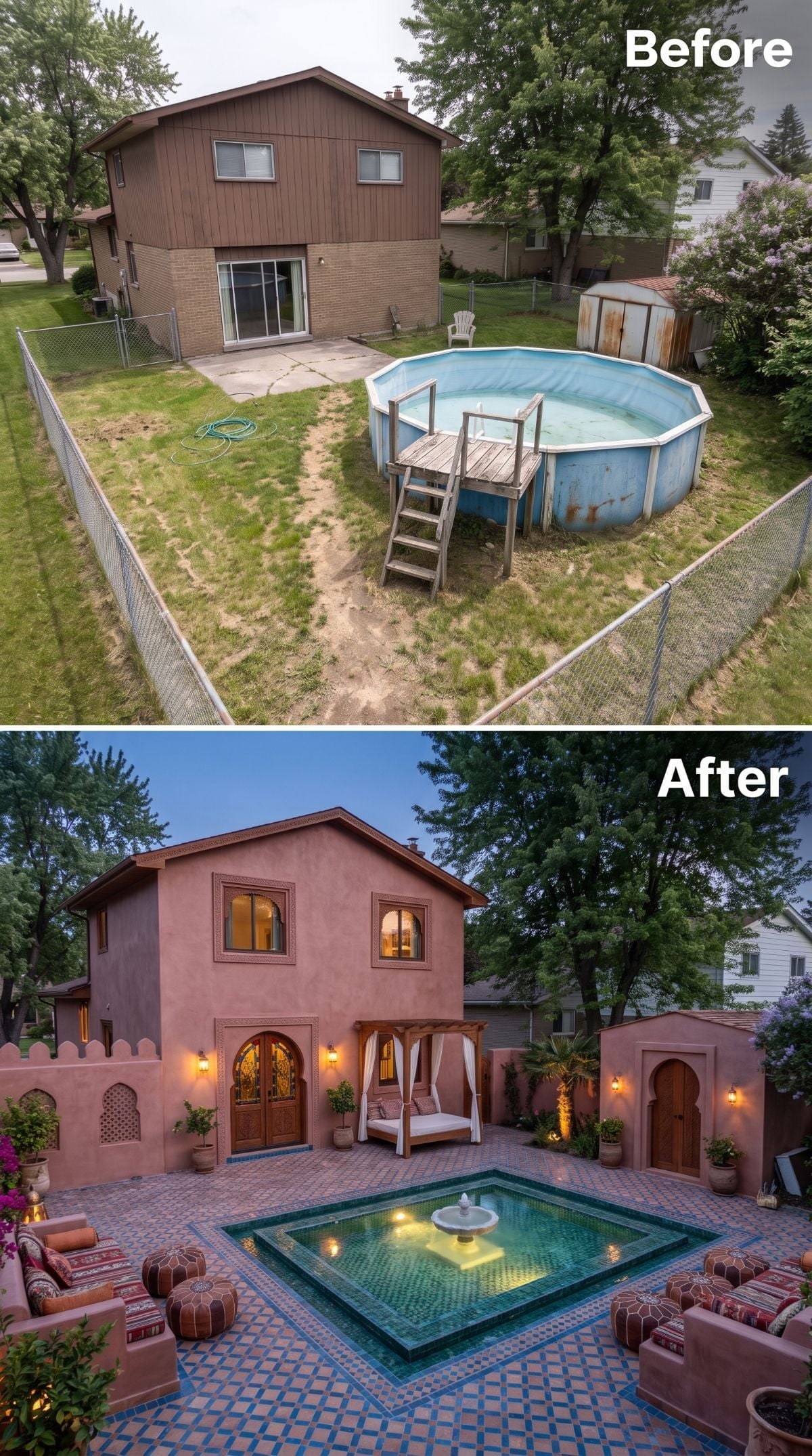 Moroccan Courtyard, Square Fountain, and Zellige Tile Where a Rust-Rimmed Pool Stood