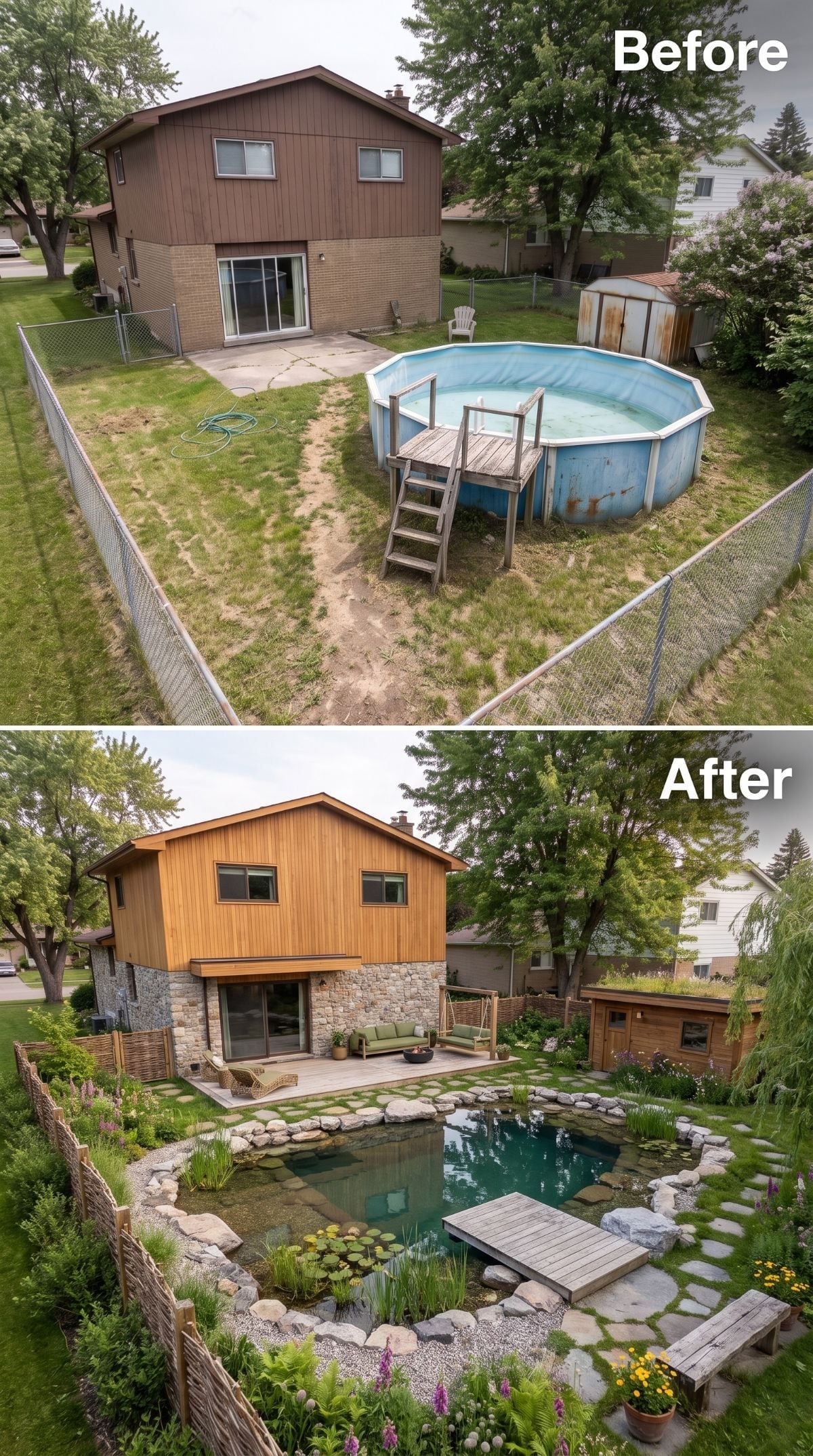 Natural Pond, Cedar Siding, Stone Edging — What Replaced One Very Tired Pool