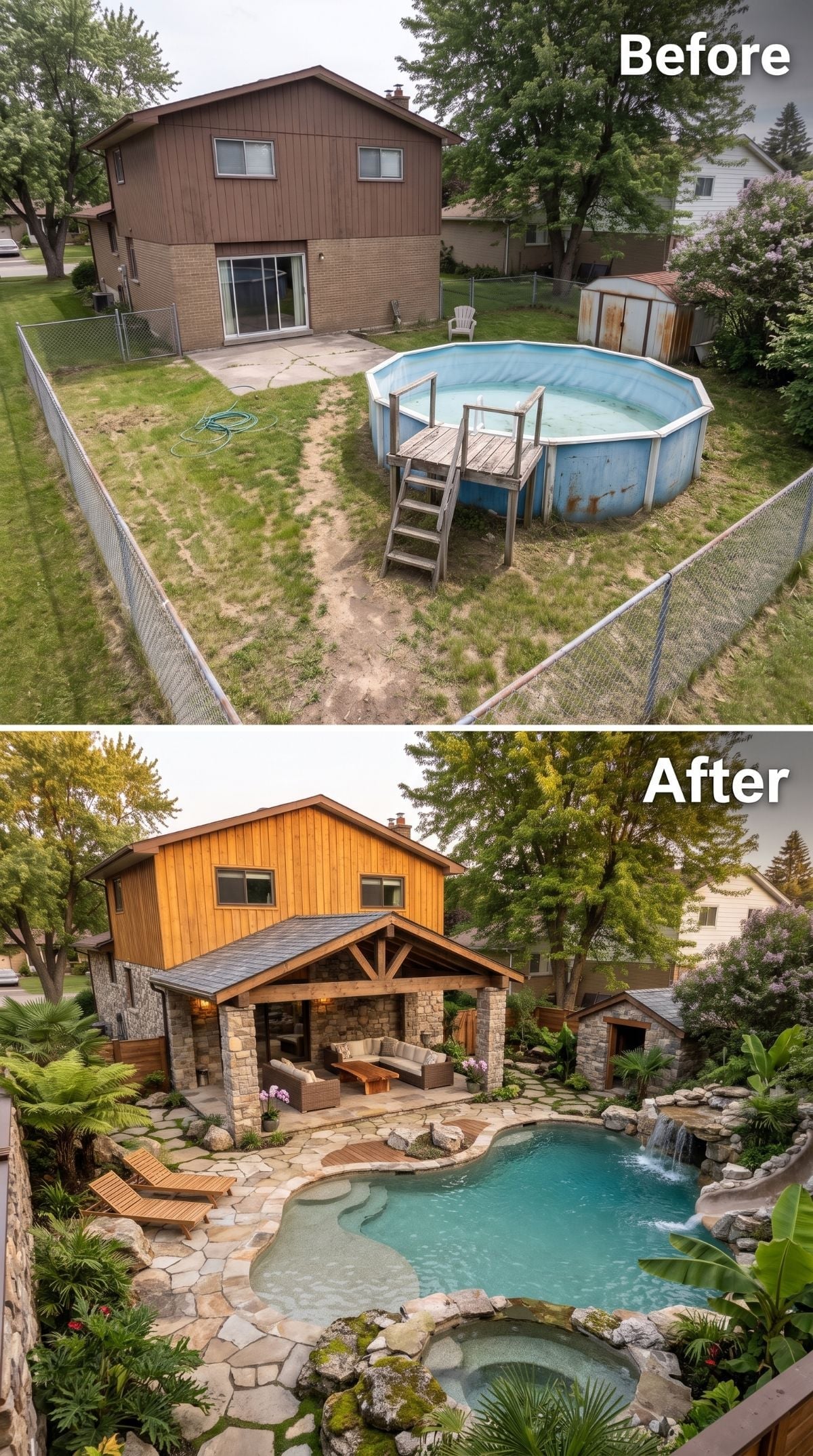 Rusted Above-Ground Pool Out, Natural Stone Grotto and Cedar Cladding In