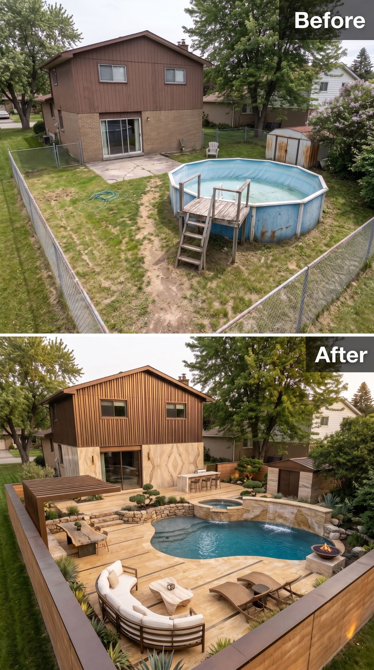 Sagging Steel Walls Out, Freeform Pool and Limestone Deck In