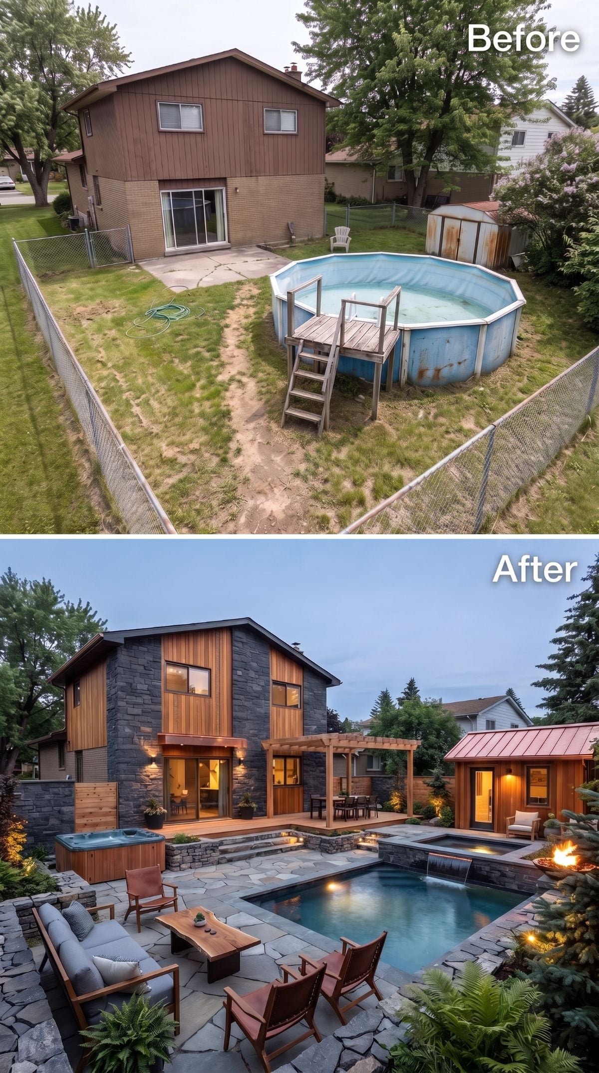Stone Cladding, a Pergola Deck, and an Inground Pool Where a Rust-Stained Drum Once Sat