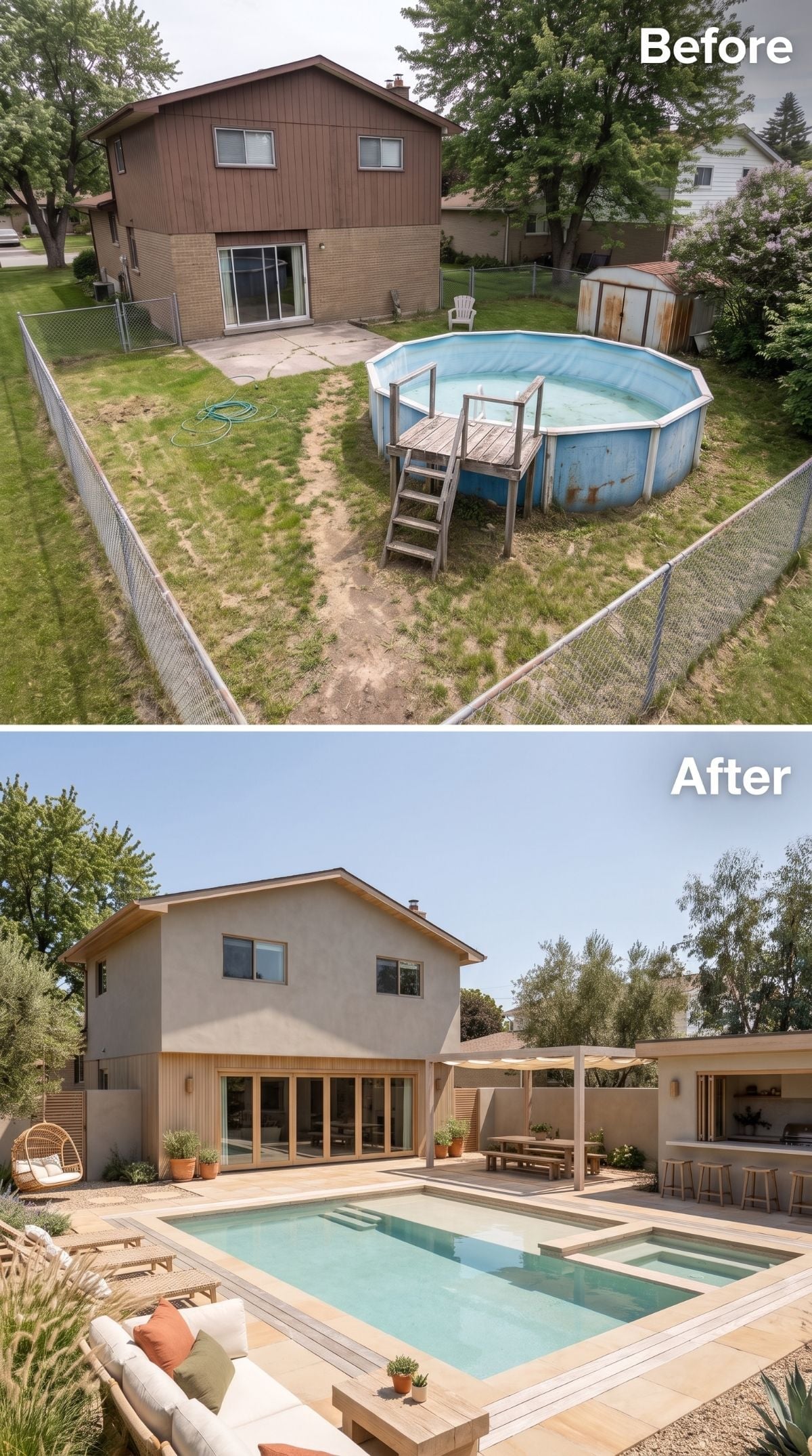 Stucco Exterior, Inground Pool With Spa, and a Pergola Bar That Replaced Decades of Neglect