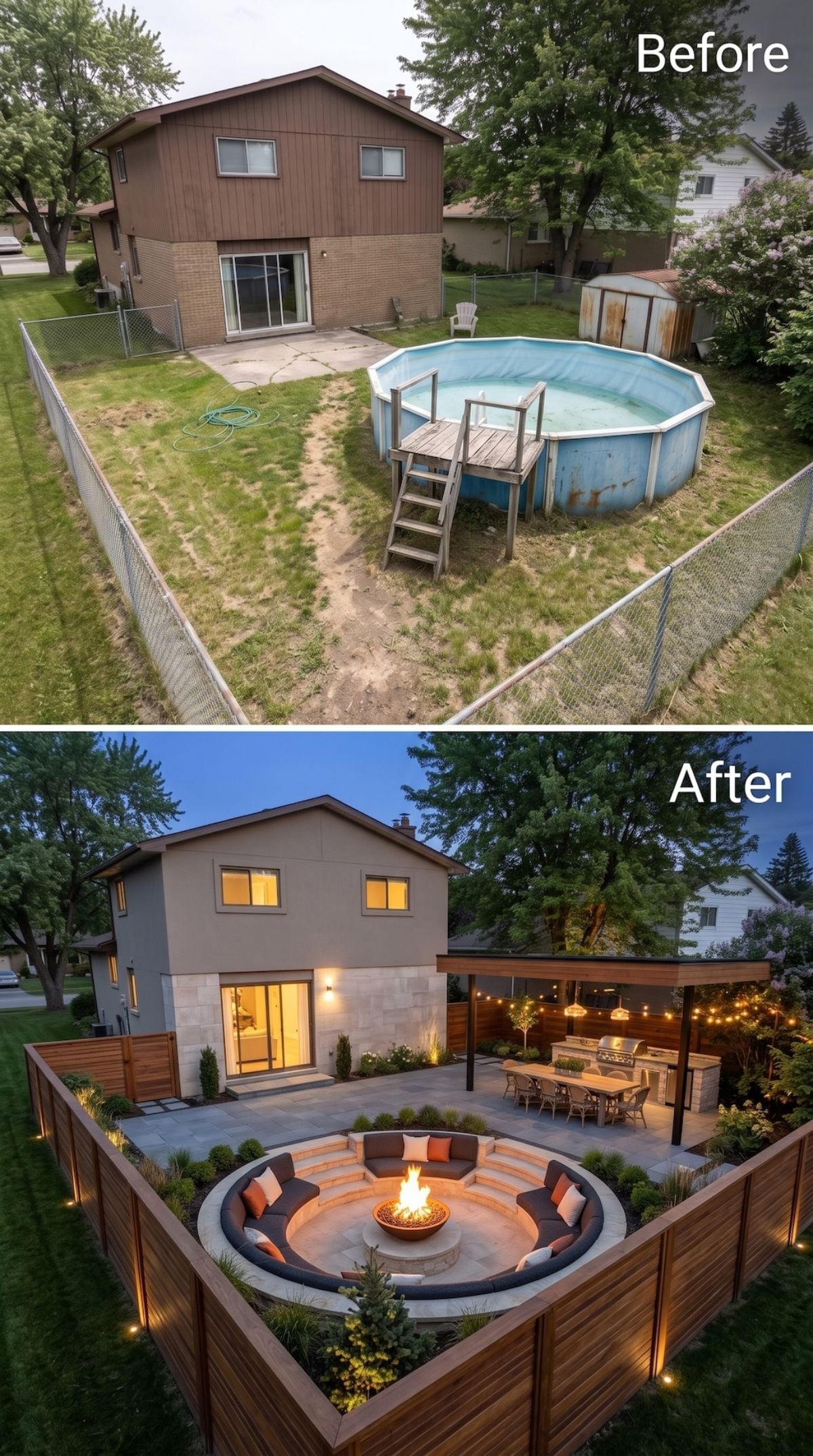 Sunken Fire Pit, Cedar Privacy Fence, and a Pergola Where the Rust Used to Be