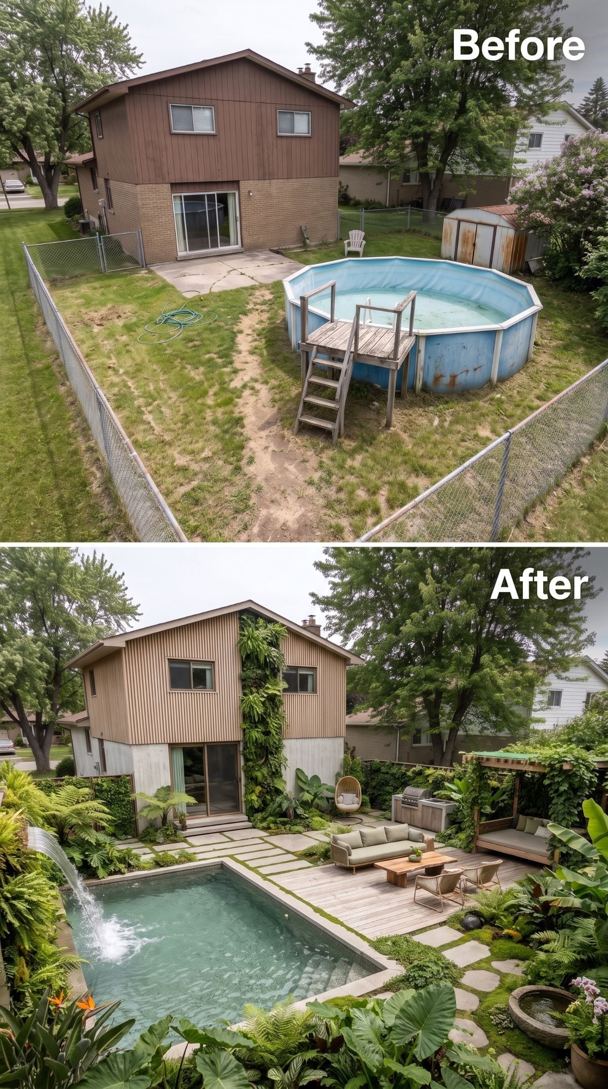 Tropical Planting, a Lap Pool With a Fountain Jet, and a Deck That Buried the Rust for Good
