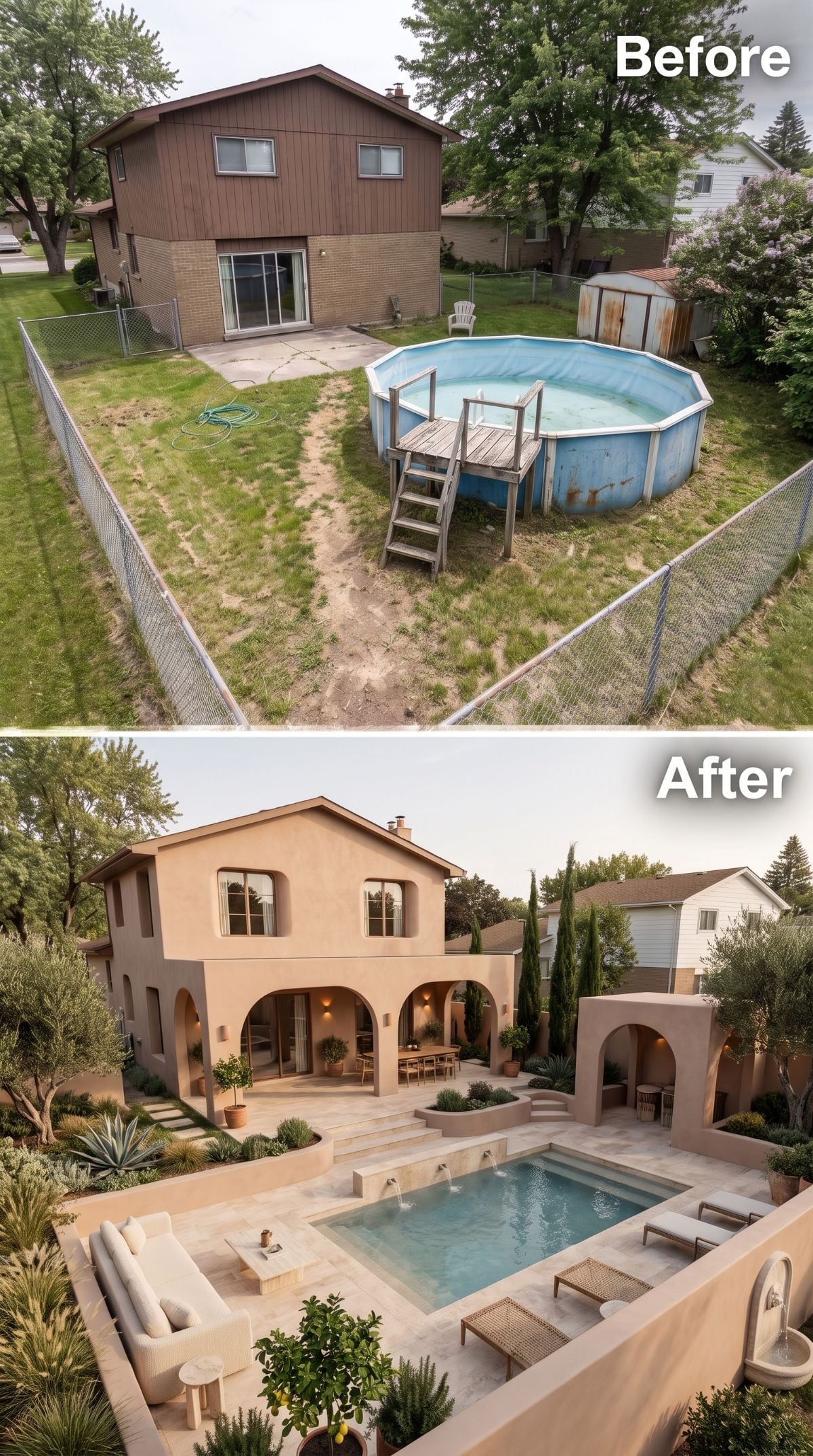 Tuscan Courtyard Revival Swaps a Rusted Drum Pool for Limestone and Arched Stucco