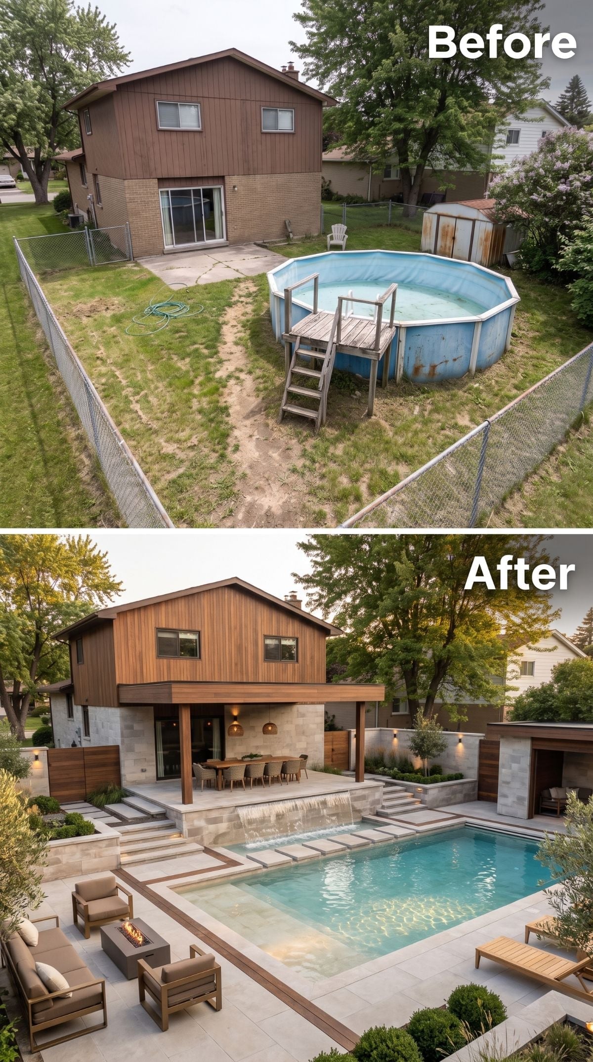 Waterfall Edge, Fire Pit, Cedar Siding — One Backyard's Answer to a Rusted-Out Pool